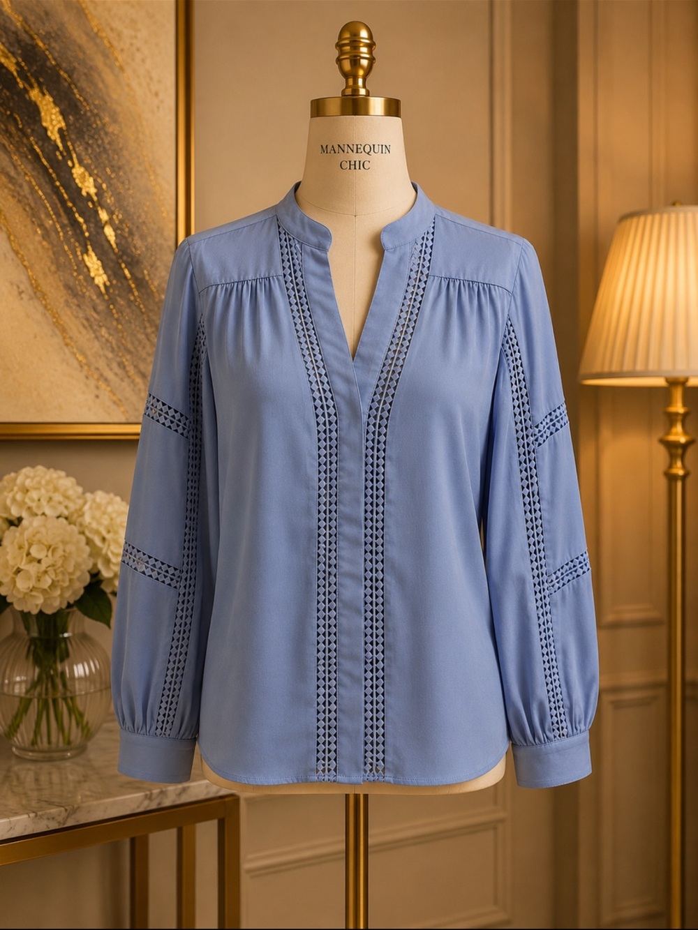 White House Black Market Light Blue Lace-Trim Split V-Neck Blouse
